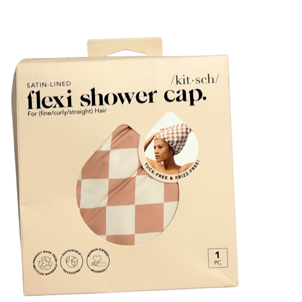 Kitsch Satin-Lined‎ Flexi Shower Cap Terracotta Checker Hair Women Frizz-Free